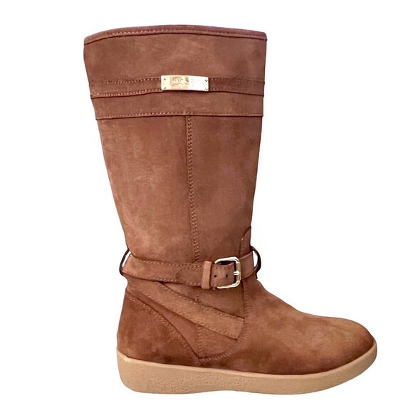 COACH  Coach Tallulah Camel Suede Tall Faux Sherpa Boots 7.5 Equestrian Buckle
